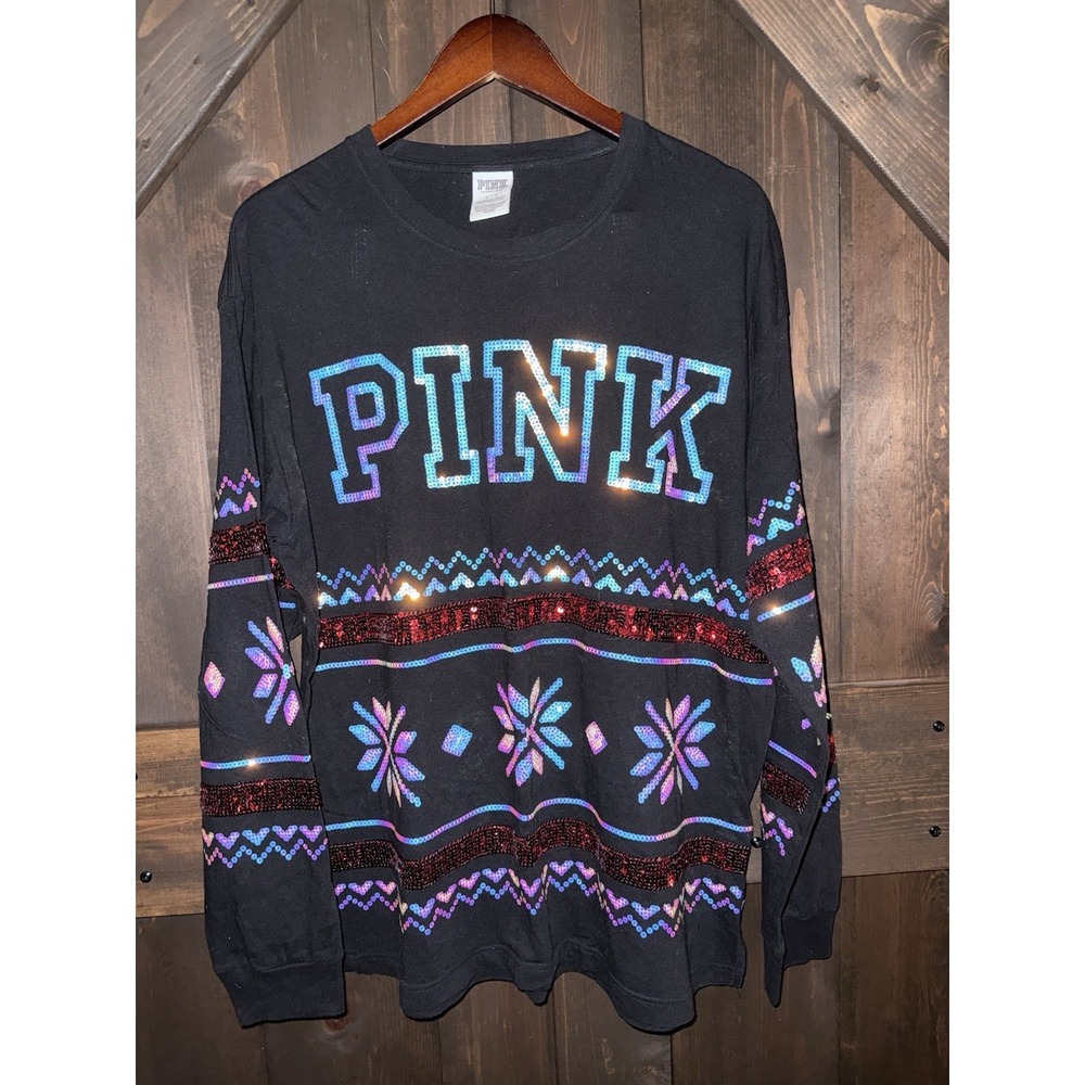PINK Victoria's Secret Women's L Black Iridescent Snowflake Holiday Tee Shirt